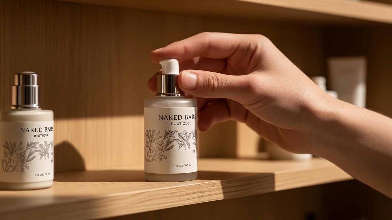 A hand reaching to pick up a beautifully designed boutique skincare bottle from a wooden shelf