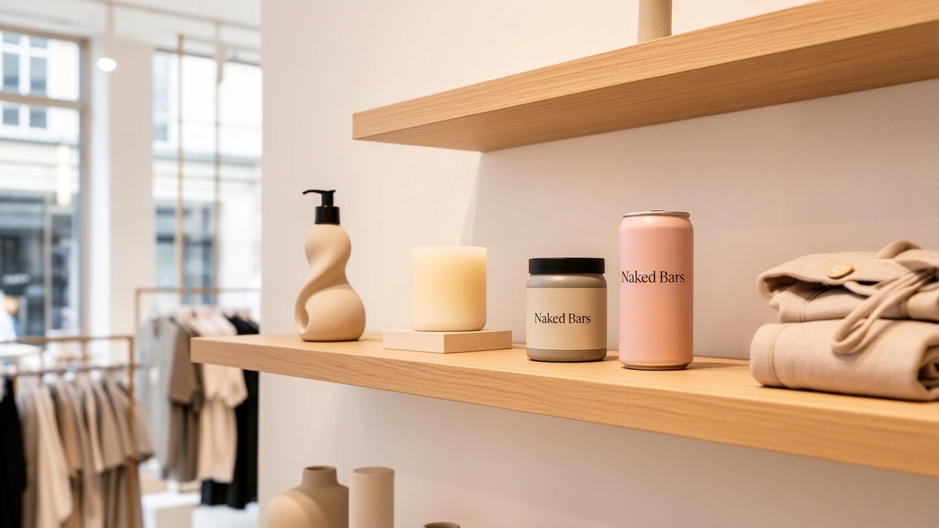A curated boutique retail shelf displaying skincare, wellness, beverage, and apparel products from emerging creator brands