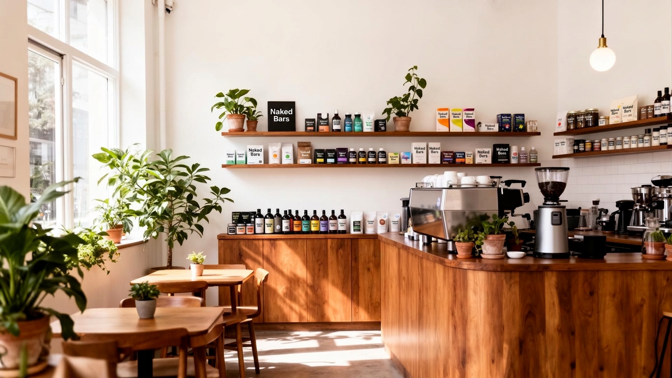 A stylish independent boutique coffee shop with a curated wall display of creator wellness and beverage brands